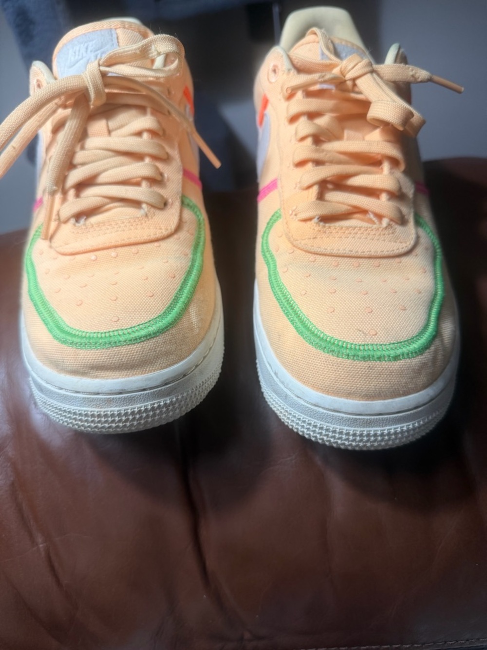 Nike Peach Canvas Athletic Sneakers with Green Trim and Pink Accent